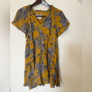 Anthropologie Mustard and Blue Floral Midi Dress
